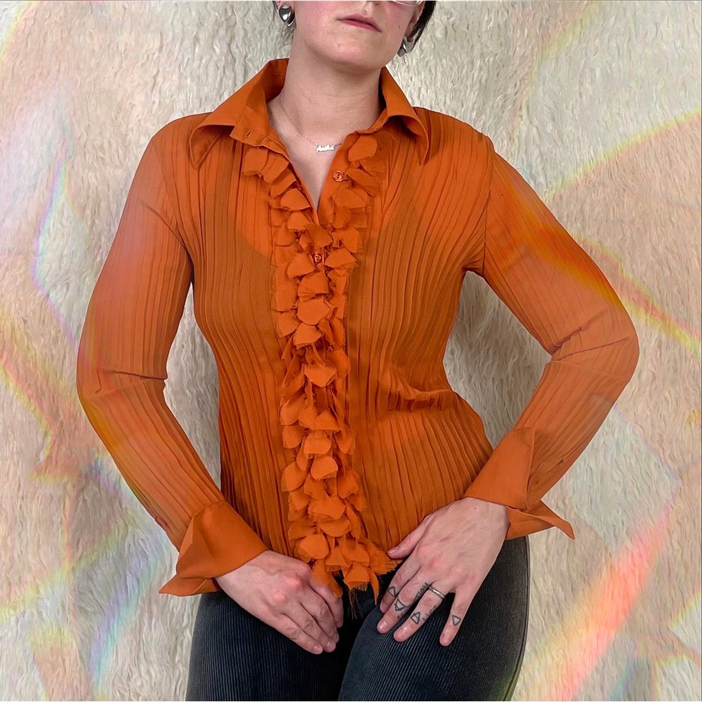 Vintage 90s Autumn Orange Accordion Frill Blouse